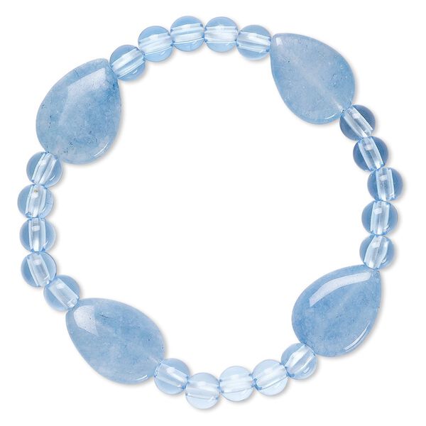 Bracelet, stretch, quartz (dyed) and acrylic, blue, 5mm round and 17x13mm-18x14mm flat teardrop, 6 inches. Sold individually. image number 0