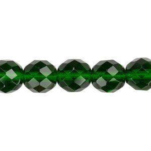 Bead, Czech fire-polished glass, transparent emerald green, 10mm faceted round. Sold per 15-1/2" to 16" strand, approximately 40 beads.