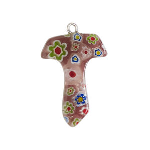 Component 1pkg1, silver-finished steel / millefiori glass, translucent purple / multicolored, 25x19mm-28x20mm letter "T".