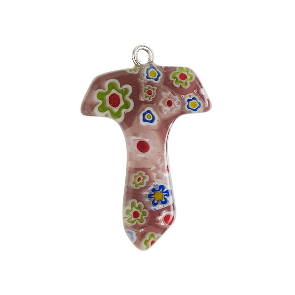 Component 1pkg1, silver-finished steel / millefiori glass, translucent purple / multicolored, 25x19mm-28x20mm letter "T". image number 0