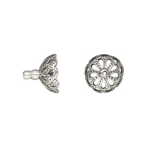 Bead cap, antiqued sterling silver, 11x10mm fancy round with scalloped edges, fits 10-12mm bead. Sold per pkg of 2.