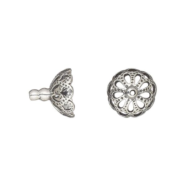 Bead cap, antiqued sterling silver, 11x10mm fancy round with scalloped edges, fits 10-12mm bead. Sold per pkg of 2. image number 0