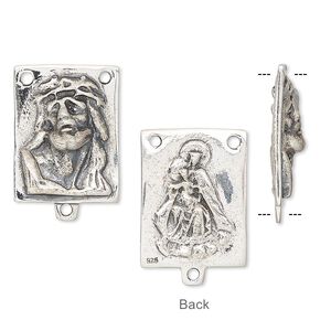 Connector, antiqued sterling silver, 19x14mm double-sided rectangle with Jesus face and Mother with Child rosary. Sold individually.