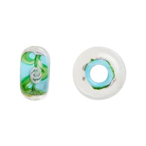 Bead, lampworked glass, opaque light blue multicolored, 16x9mm rondelle with rose. Sold per pkg of 4.