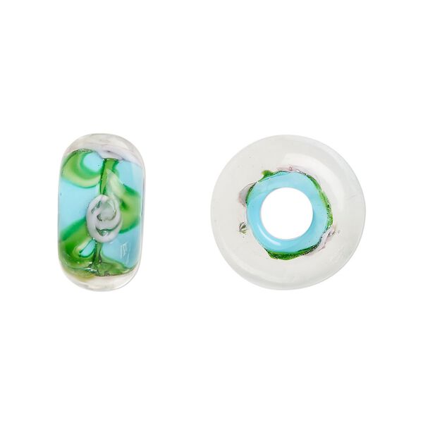 Bead, lampworked glass, opaque light blue multicolored, 16x9mm rondelle with rose. Sold per pkg of 4. image number 0