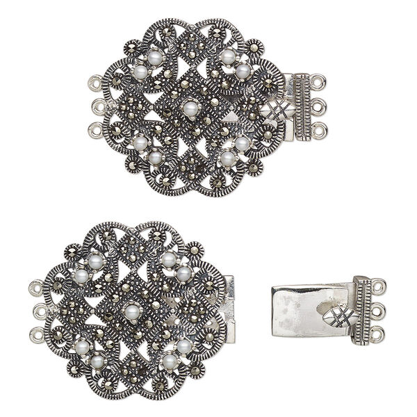 Clasp, 3-strand tab, marcasite (natural) / cultured freshwater pearl (bleached) / sterling silver, white, 27mm fancy round. Sold individually. image number 0