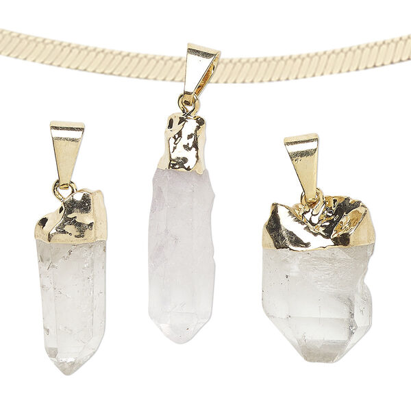 Pendant, quartz crystal (natural) with gold-plated brass and copper, 19x9mm-27x14mm hand-cut point. Sold individually. image number 0