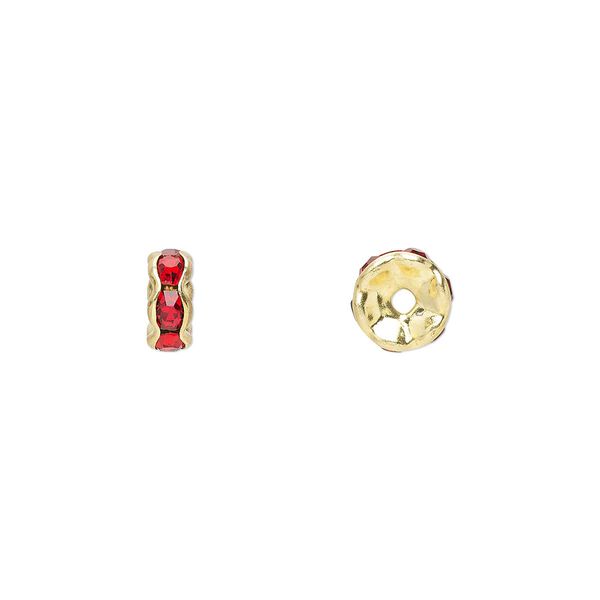 Bead, glass rhinestone and gold-finished brass, red, 6x3mm rondelle. Sold per pkg of 10. image number 0