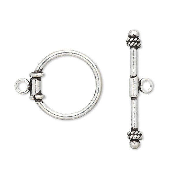 Clasp, toggle, antiqued sterling silver, 18mm round with rope design. Sold per pkg of 2. image number 0