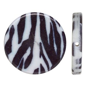 Bead, acrylic, black and white, 32mm double-sided flat round with zebra pattern. Sold per pkg of 6.