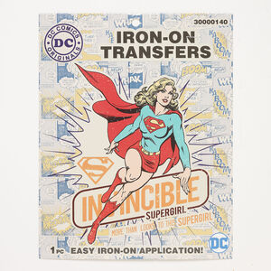 Iron-on transfer 1pkg1 vinyl, multicolored, 8-3/4 x 7-3/4 inches with Invincible Supergirl™ and "More than looks to this Supergirl".