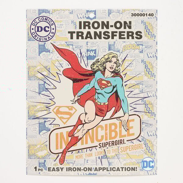 Iron-on transfer 1pkg1 vinyl, multicolored, 8-3/4 x 7-3/4 inches with Invincible Supergirl™ and "More than looks to this Supergirl". image number 0