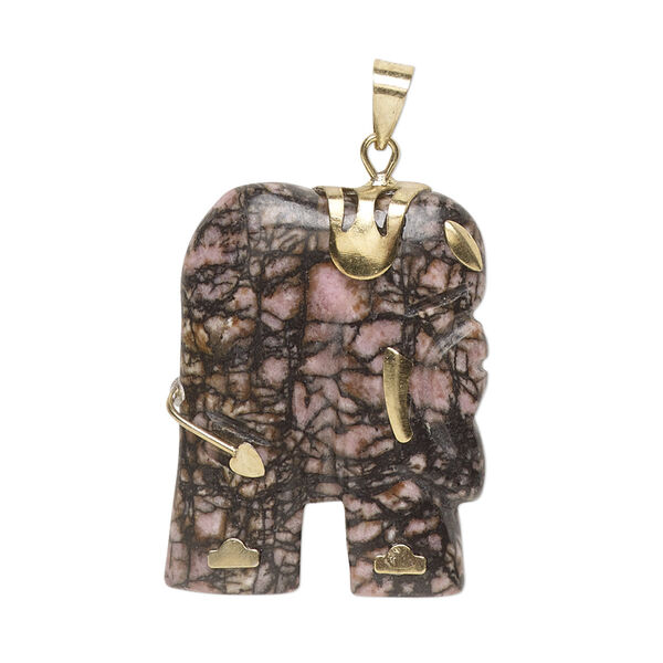 Pendant, rhodonite (natural) and gold-finished "pewter" (zinc-based alloy), 28x23mm-30x25mm single-sided elephant. Sold individually. image number 0