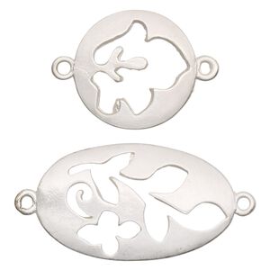 Focal and link, silver-finished "pewter" (zinc-based alloy), 20mm matte round with cutout leaf design and 33x20mm matte oval with cutout leaf and flower design. Sold per pkg of 7.