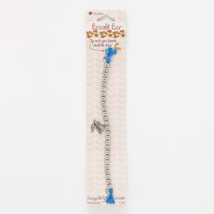 Bracelet component, acrylic / cotton / antique silver-finished "pewter" (zinc-based alloy), silver and blue, 6mm round and 19x15mm bird, 6 inches. Sold individually.