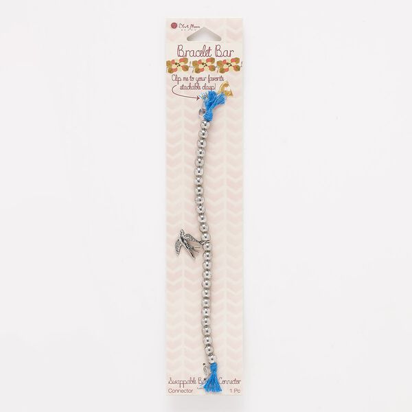 Bracelet component, acrylic / cotton / antique silver-finished "pewter" (zinc-based alloy), silver and blue, 6mm round and 19x15mm bird, 6 inches. Sold individually. image number 0