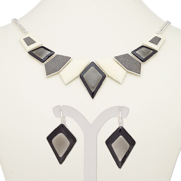 Necklace and earring set, enamel with silver-plated steel and "pewter" (zinc-based alloy), cream / black / grey with glitter, 18-inch necklace with 2-inch extender chain and lobster claw clasp, 38mm earrings with leverback ear wire. Sold per set. image number 0
