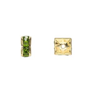 Bead, glass rhinestone and gold-finished brass, peridot green, 8x4mm squaredelle. Sold per pkg of 10.