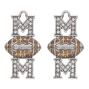 Focal, antique silver-finished "pewter" (zinc-based alloy) and glass, clear and brown, 31x18mm single-sided mom and football. Sold per pkg of 2.