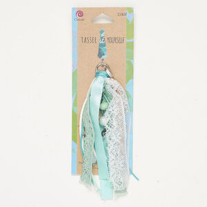 Tassel 1pkg1, silver and gunmetal-finished brass and steel / acrylic / fabric / glass, aqua / white / bronze, 4-1/2 inches with hinged bail with lace and beads.