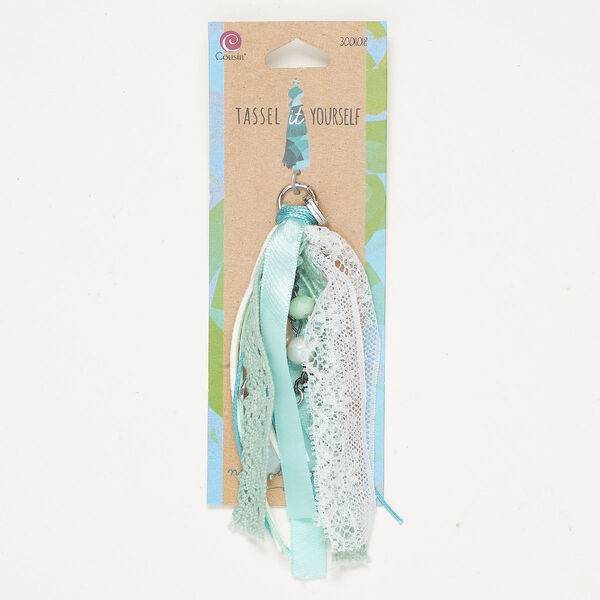 Tassel 1pkg1, silver and gunmetal-finished brass and steel / acrylic / fabric / glass, aqua / white / bronze, 4-1/2 inches with hinged bail with lace and beads. image number 0