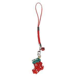 Zipper pull, nylon / glass / steel / aluminum / "pewter" (zinc-based alloy), red and green, 5 inches with 6mm bell and 28x24mm stocking with lobster claw clasp. Sold individually.