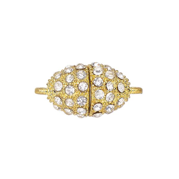 Clasp, magnetic barrel, gold-finished brass and glass, clear, 26x13mm oval. Sold individually. image number 0