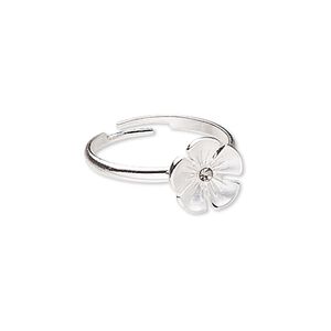 Ring, glass rhinestone and silver-plated "pewter" (zinc-based alloy), grey, 11x11mm flower, adjustable. Sold individually.