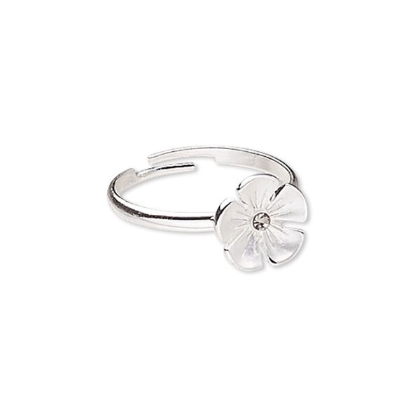 Ring, glass rhinestone and silver-plated "pewter" (zinc-based alloy), grey, 11x11mm flower, adjustable. Sold individually. image number 0