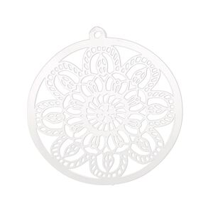 Focal, Lazer Lace™, stainless steel, 32mm single-sided domed round with flower design, Sold per pkg of 2.