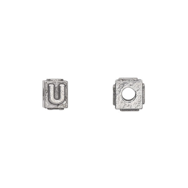 Bead, antiqued pewter (tin-based alloy), 8x6mm rectangle with alphabet letter "U". Sold per pkg of 4. image number 0