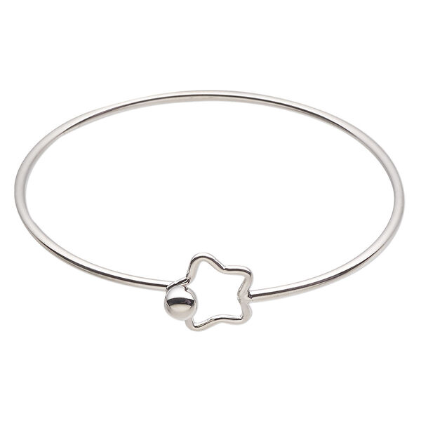 Bracelet, bangle, silver-finished brass, 2mm wide, 7-1/2 inches with 16mm open star and hook closure. Sold individually. image number 0