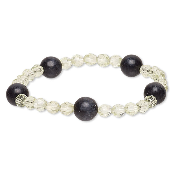 Bracelet, stretch, blackstone (dyed) and acrylic, yellow-green, 5-6mm faceted round and 9-10mm round, 6 inches. Sold individually. image number 0