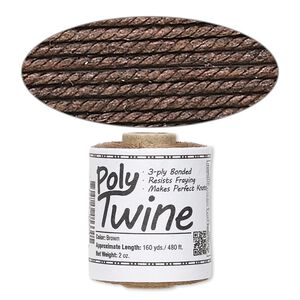 Cord, 3-ply bonded polyester twine, brown, 1mm diameter. Sold per 2-ounce spool.