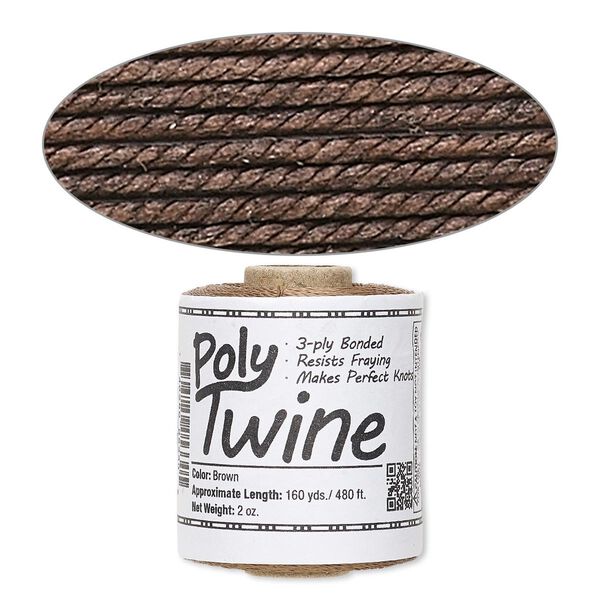 Cord, 3-ply bonded polyester twine, brown, 1mm diameter. Sold per 2-ounce spool. image number 0