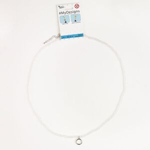 Necklace, "pewter" (zinc-based alloy)/steel/glass, pkg/24 inches, silver finish and clear, 14mm round with lobster claw clasp and extender chain.