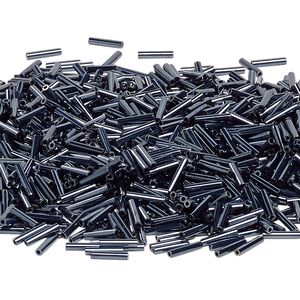 Bead, Miyuki, bugle bead, glass, pkg/250 g, 9x1.9mm center-drilled, opaque gunmetal, (RBU-0451).