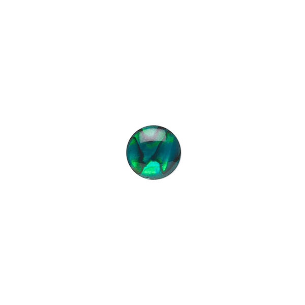 Cabochon, paua shell (dyed / coated), green, 8mm calibrated round, Mohs hardness 3-1/2. Sold per pkg of 6. image number 0