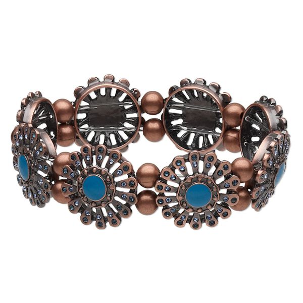 Bracelet, stretch, enamel / crystal rhinestone / antiqued copper-plated brass, turquoise blue / light blue / dark blue, 21mm flower, 6-1/2 inches. Sold individually. image number 0