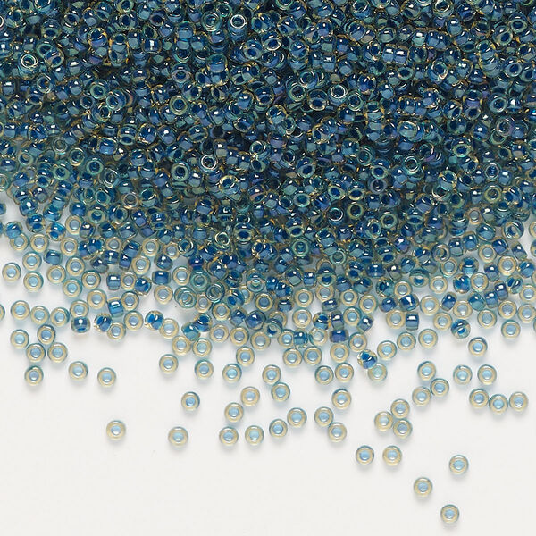 Seed bead, Miyuki, glass, pkg/35g, #15 rocaille, translucent midnight blue-lined luster topaz (RR-1826). image number 0