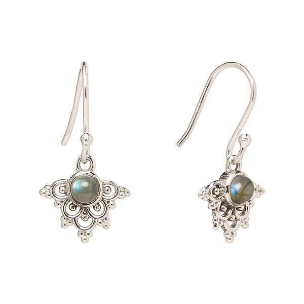 Ear wire, Create Compliments®, antiqued sterling silver and labradorite (natural), fishhook, 24.5mm with 13x11mm single-sided beaded fancy arrowhead, 21 gauge. Sold per pair. image number 0