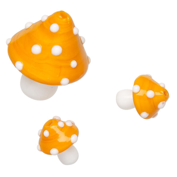 Bead, lampworked glass, opaque orange and white, 31x25mm and 15x13mm mushroom. Sold per pkg of 3. image number 0