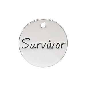 Charm, antique silver-finished "pewter" (zinc-based alloy), 25mm single-sided flat round with "Survivor." Sold individually.