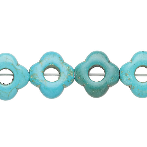 Bead, "turquoise" (resin) (imitation), blue-green, 15x14mm-15x15mm flower with 5mm circle cutout. Sold per 15-inch strand. image number 0