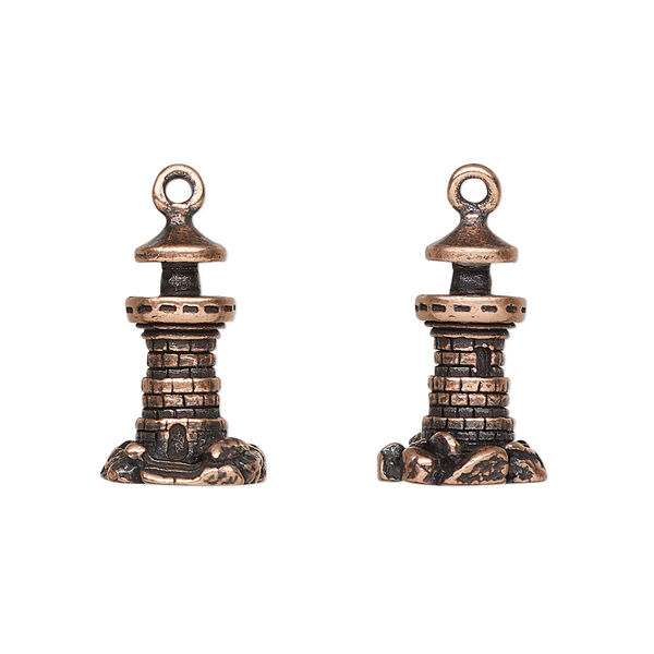 Charm, antique copper-plated pewter (tin-based alloy), 18x11mm 3D lighthouse. Sold per pkg of 2. image number 0