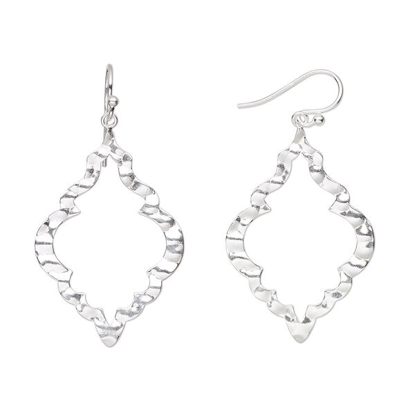 Earring, Create Compliments®, sterling silver, 2-inch hammered open marquise with fishhook ear wire. Sold per pair. image number 0