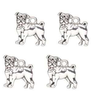 Charm, antique silver-finished "pewter" (zinc-based alloy) , 15x12mm single-sided pug. Sold per pkg of 4.