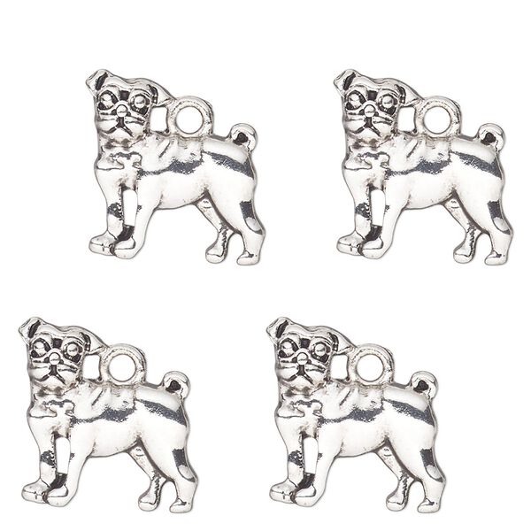 Charm, antique silver-finished "pewter" (zinc-based alloy) , 15x12mm single-sided pug. Sold per pkg of 4. image number 0