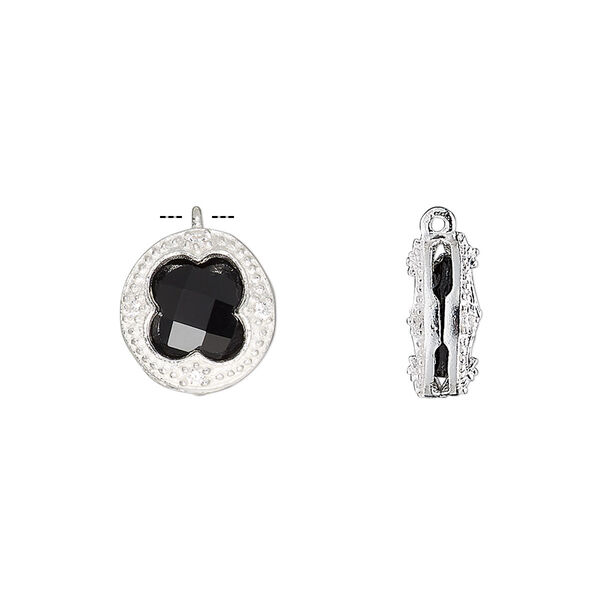 Drop, black onyx (dyed) / cubic zirconia / sterling silver, clear, 12mm two-sided faceted round. Sold individually. image number 0