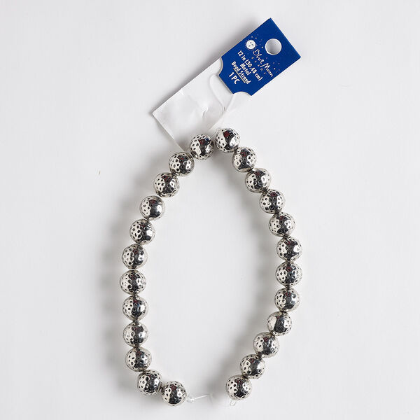 Bead, antique silver-finished brass, 13mm hammered round. Sold per 12-inch strand, approximately 20 beads. image number 0
